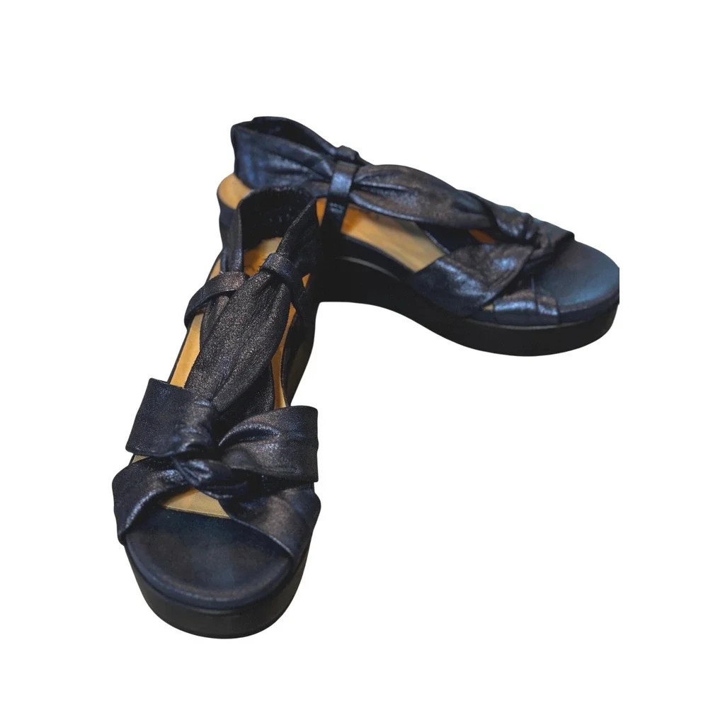 Naked Feet Navy Blue Metallic Knot Platform Wedge Slingback Sandals
